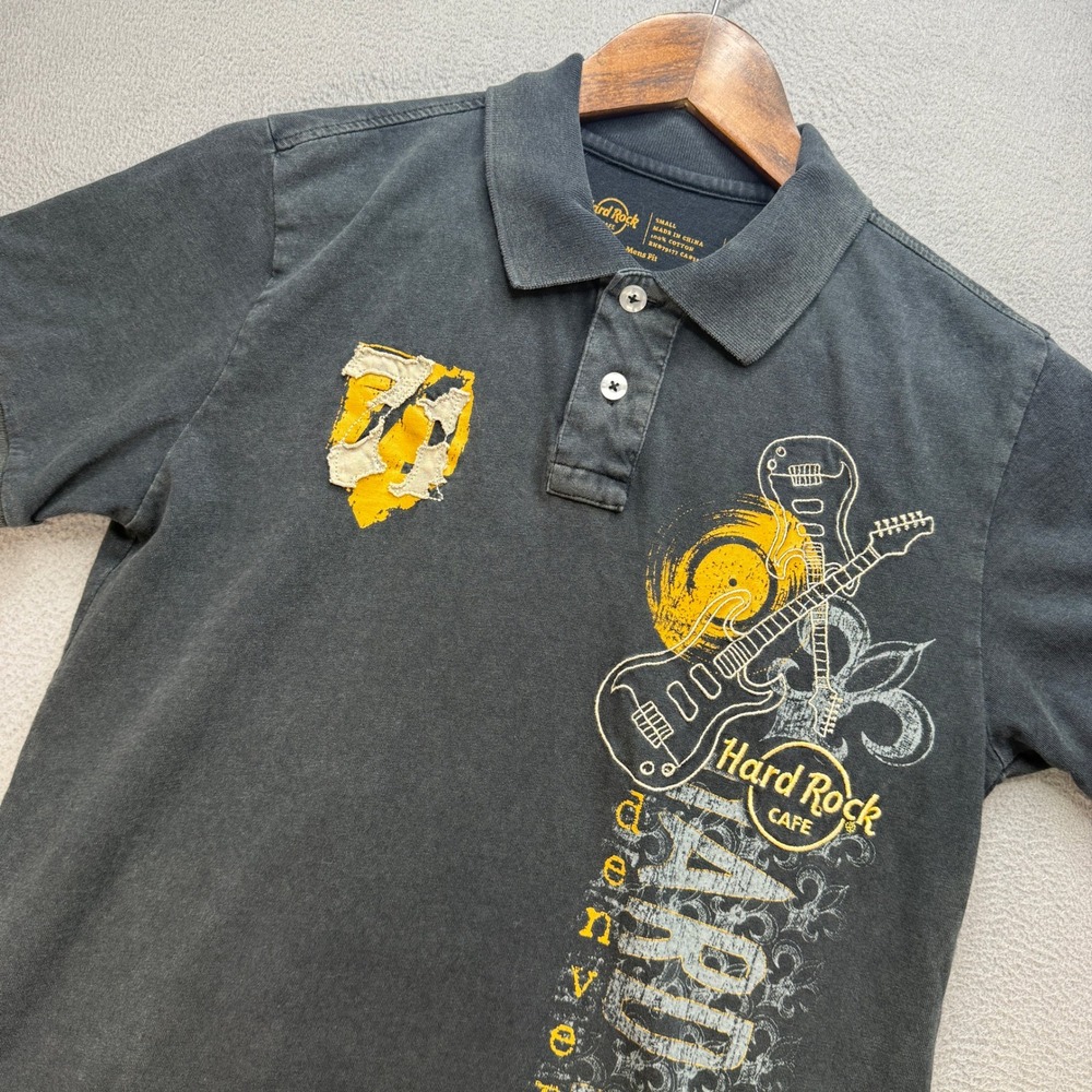 Hard Rock Cafe Denver Guitar Graphic Polo Shirt Mens Small Black Cotton Rocker